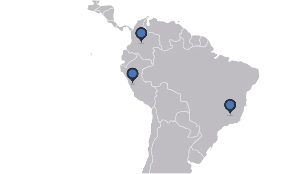 Mapa de Sudamérica con las sedes de SOTECH en Perú, Brasil y Colombia